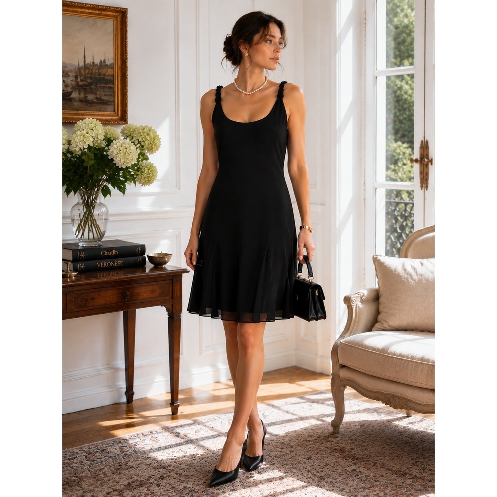 Vintage Alex Evenings Black Beaded Strap Cocktail Dress Petite 14P Midi Formal